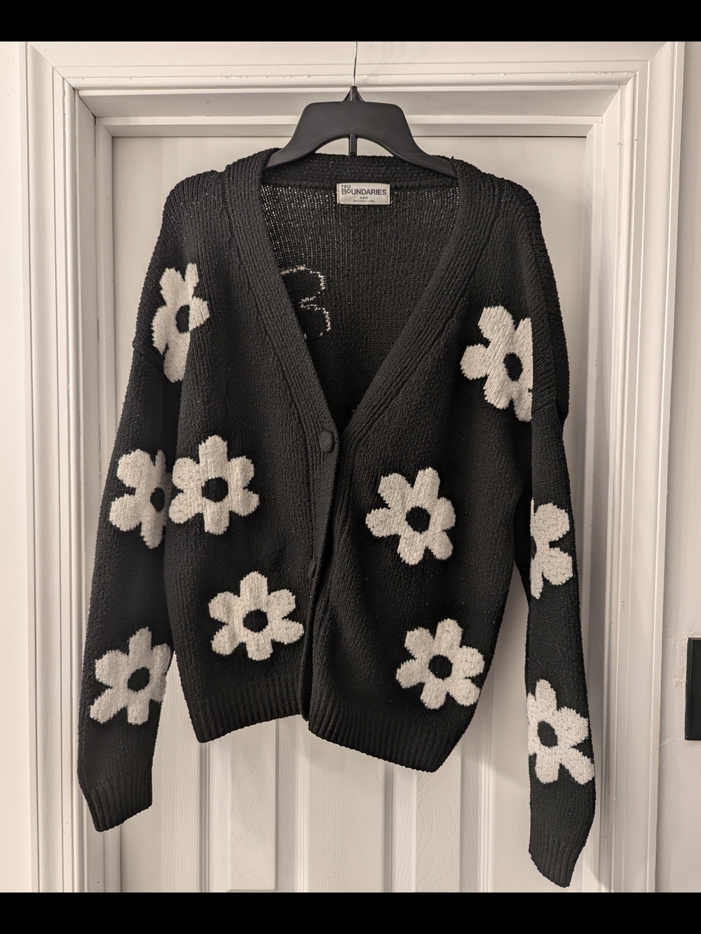 No Boundaries Black Cardigan with White Flower Motif